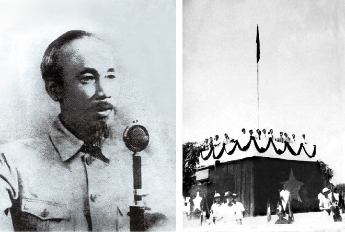 Chủ tịch Hồ Chí Minh đọc Tuyên ngôn độc lập tại Quảng trường Ba Đình, ngày 2/9/1945. Ảnh: TL