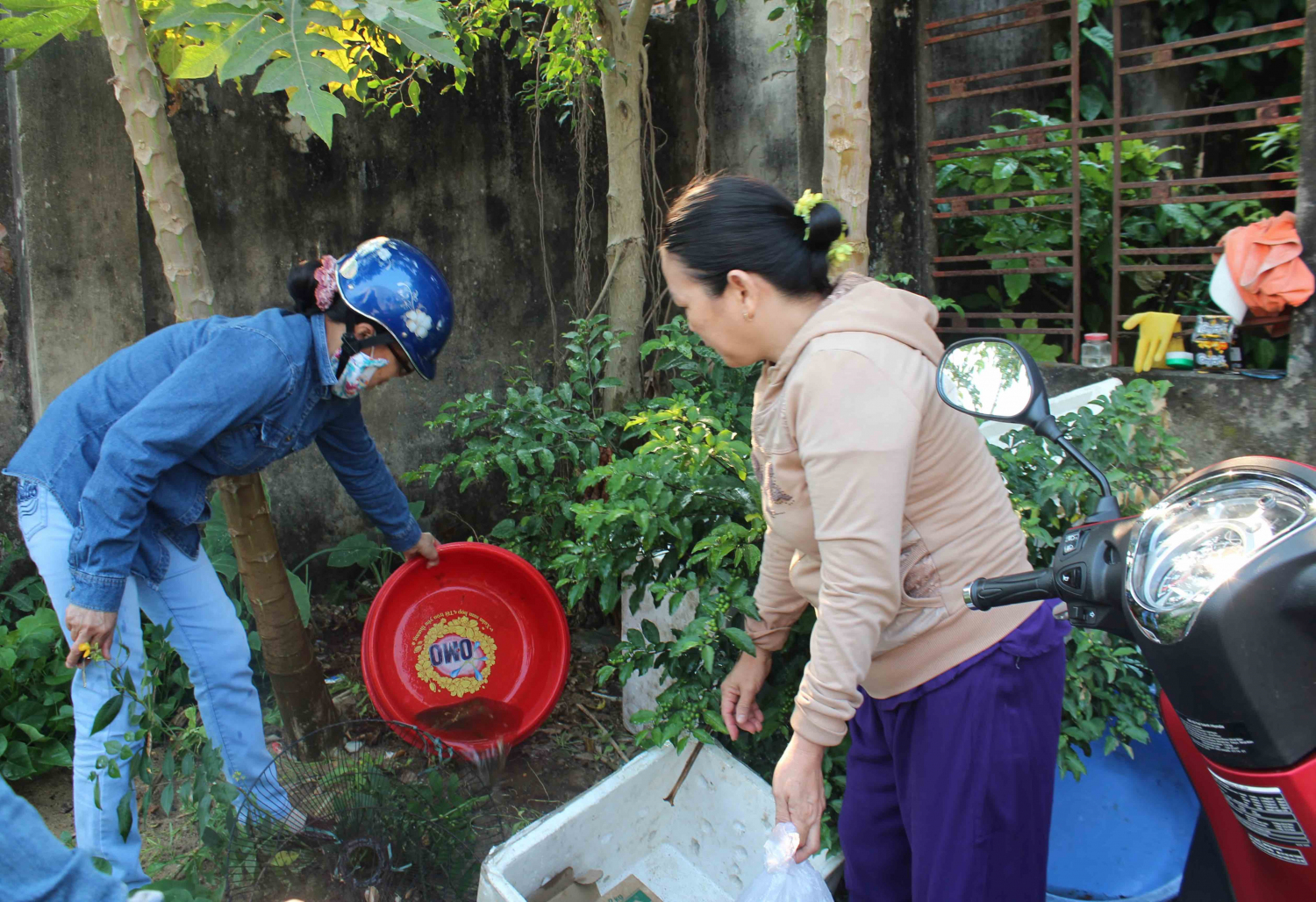 Người dân loại bỏ các vật chứa nước để diệt lăng quăng, phòng chống sốt xuất huyết. Ảnh: TL